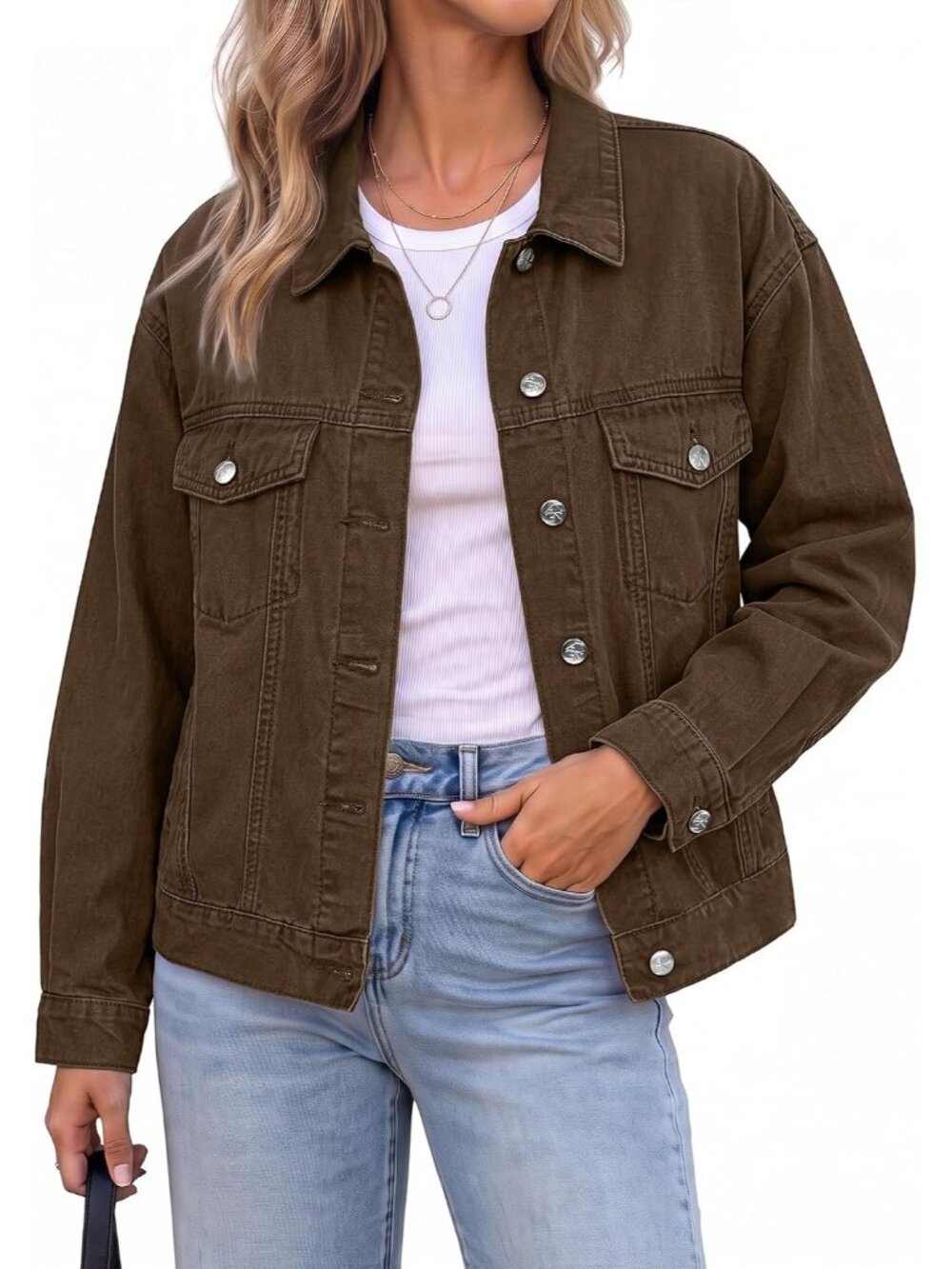 Women’s Chocolate Brown Oversized Button Up Classic Casual Denim Jean Jacket